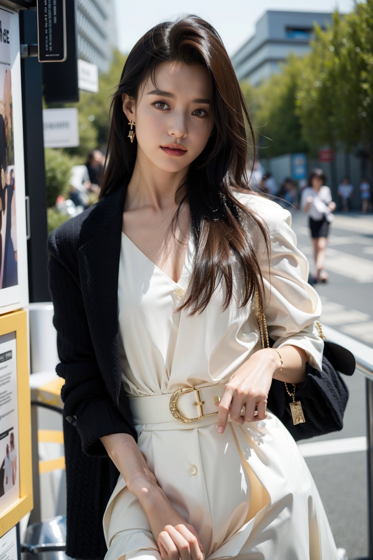 glamour photo, masterpiece, realistic, film grain, outdoors,hanhyojoo, fashion dress, open clothes, 18yo