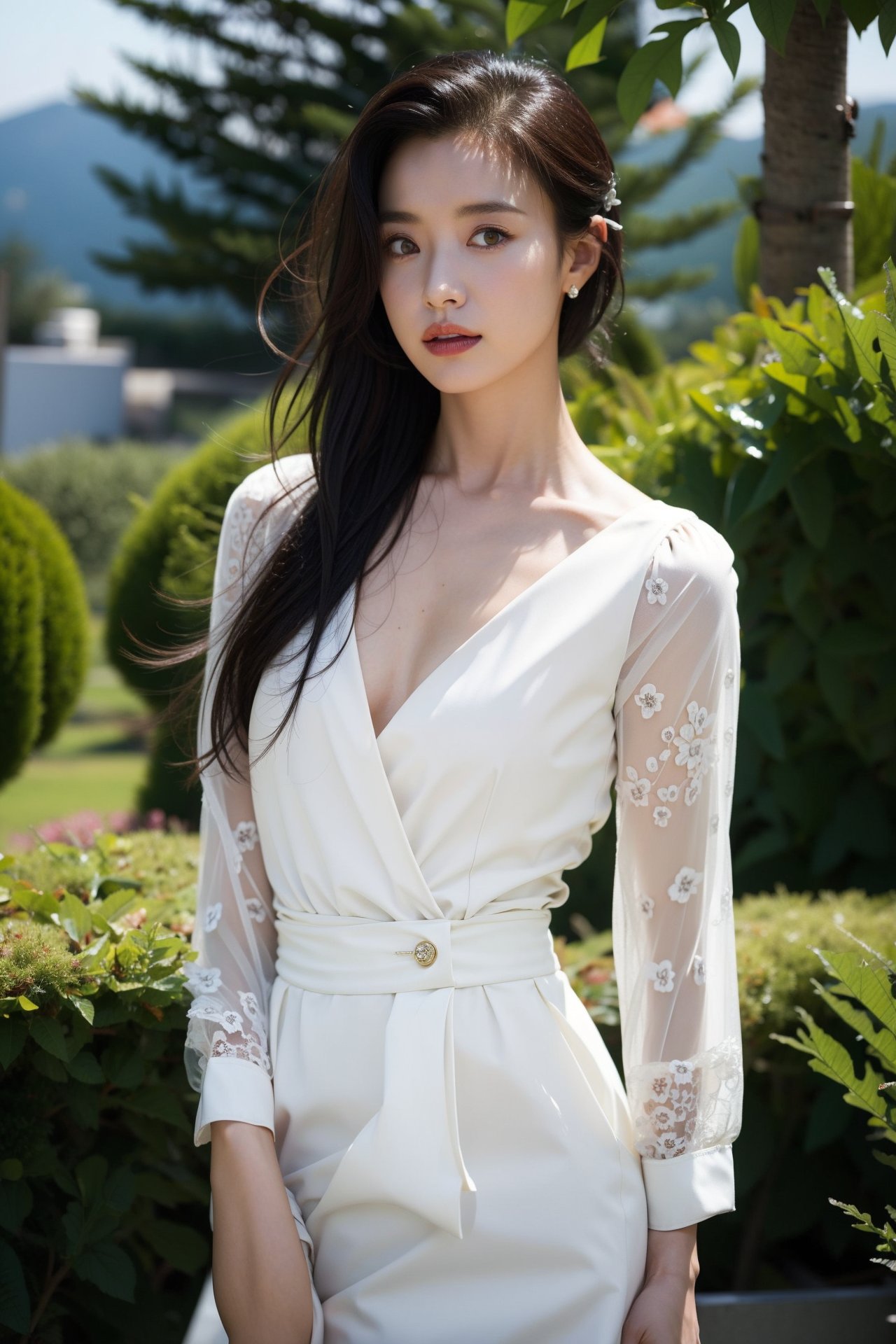 glamour photo, masterpiece, realistic, film grain, outdoors,hanhyojoo, fashion dress, open clothes, 18yo