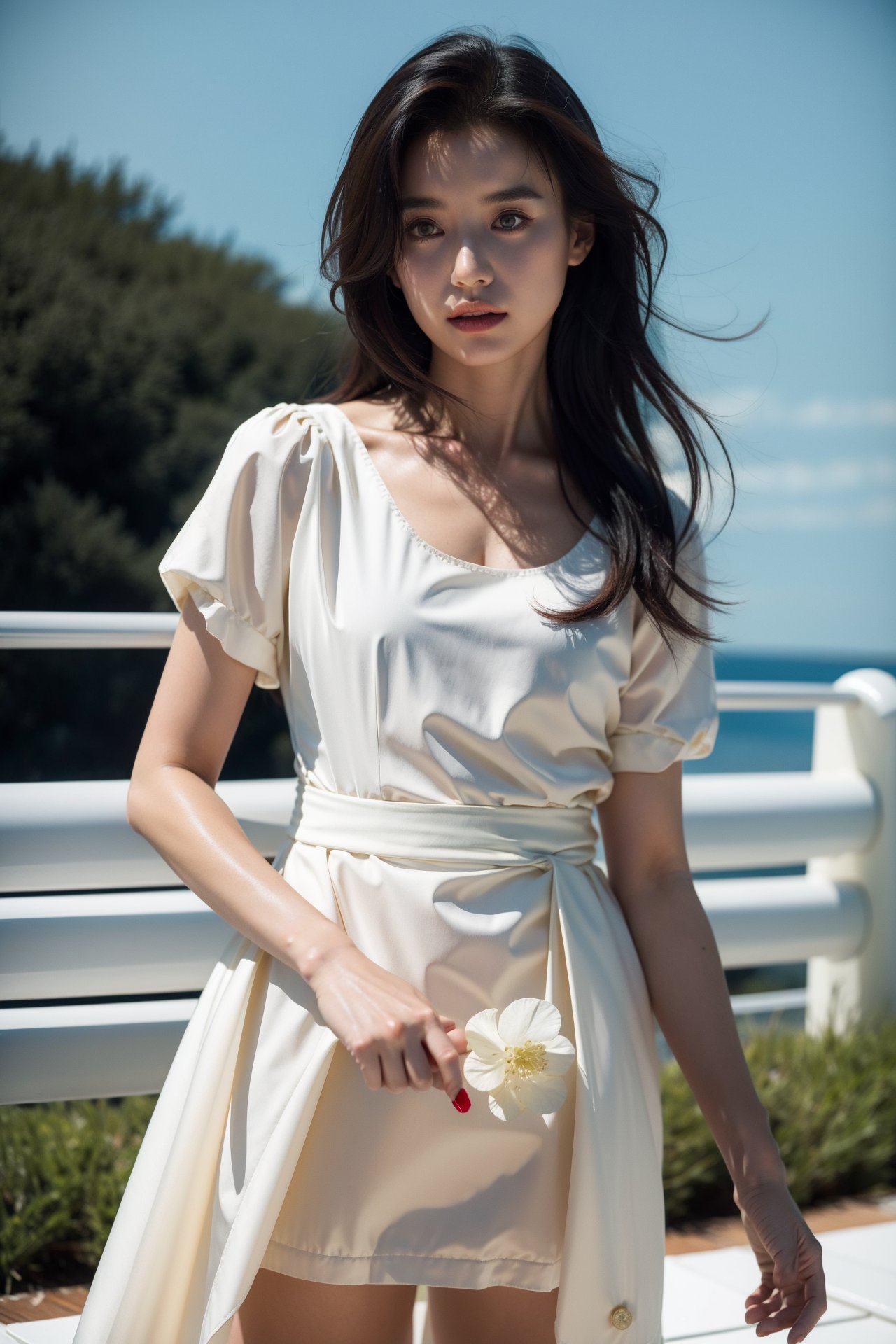 glamour photo, masterpiece, realistic, film grain, outdoors,hanhyojoo, fashion dress, open clothes, 18yo