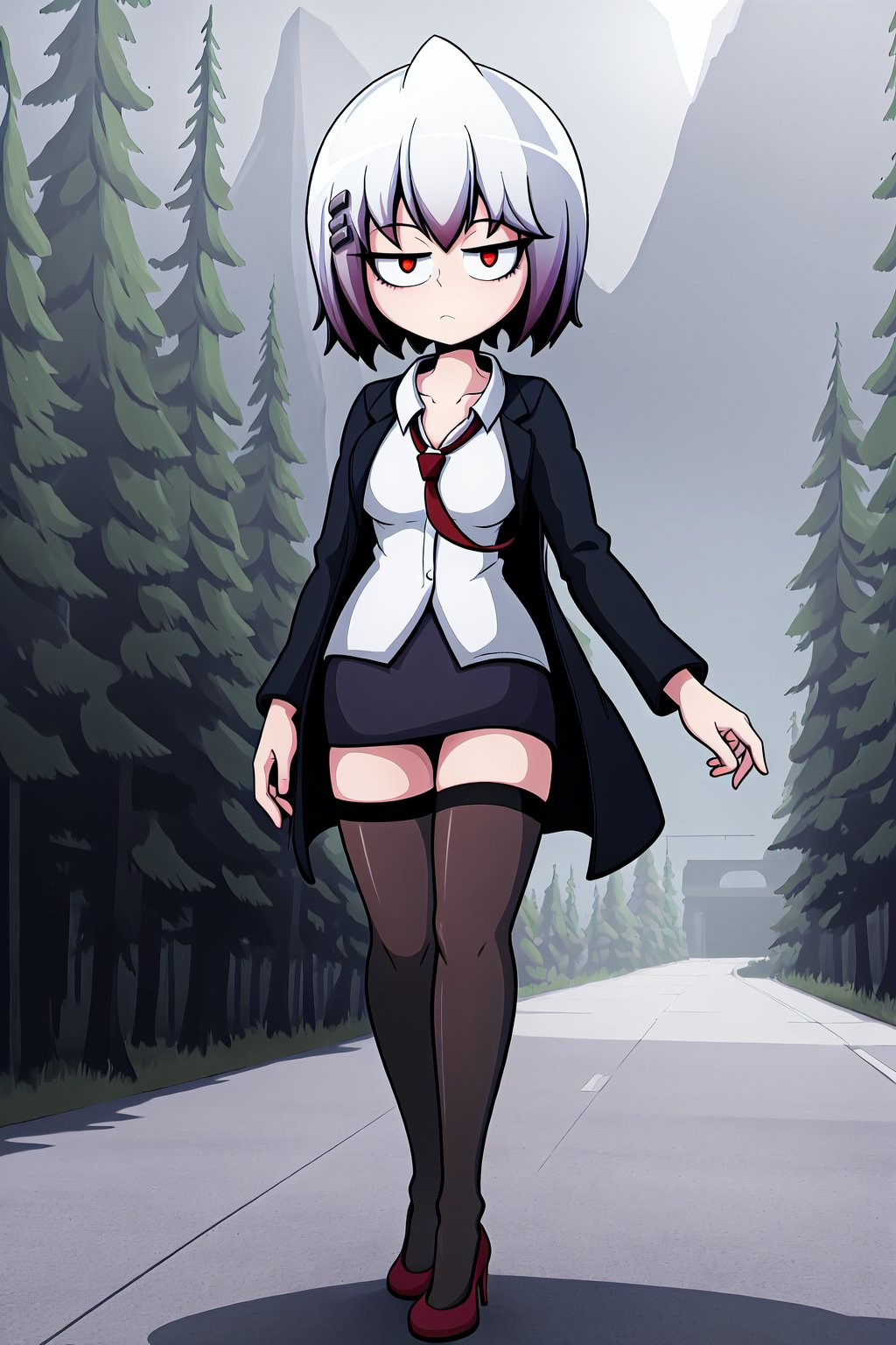 masterpiece, best quality, KirieBonin, 1girl, solo, alone, bob cut, silver hair, hair clips, red eyes, black coat, white shirt, red necktie, black skirt, black thighhighs, red heels, bored, closed_mouth, looking at viewer, walking, trees, pine trees, detailed background, natural lighting, cinematic lighting, full body, dynamic angle, SpoopyStories,SpoopyStories