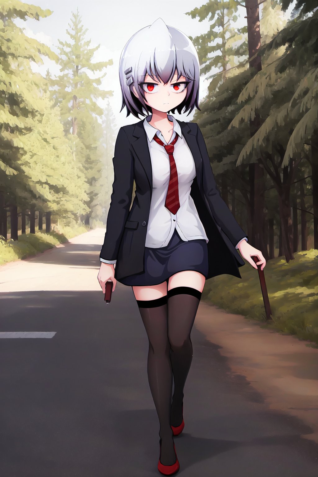 masterpiece, best quality, KirieBonin, 1girl, solo, alone, bob cut, silver hair, hair clips, red eyes, black coat, white shirt, red necktie, black skirt, black thighhighs, red heels, bored, closed_mouth, looking at viewer, walking, trees, pine trees, detailed background, natural lighting, cinematic lighting, full body, dynamic angle, SpoopyStories