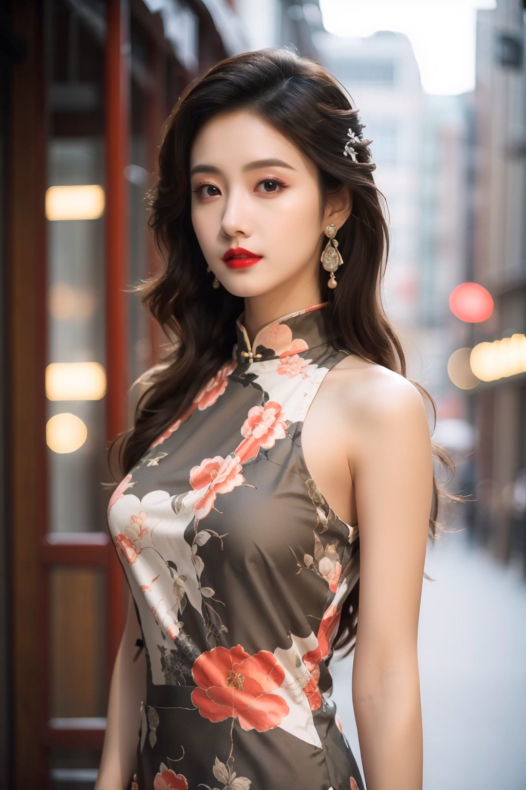  tyqp, 1girl, solo, dress, chinese clothes, china dress, earrings, jewelry, long hair, floral print, blurry background, black hair, blurry, looking at viewer, red lips, sleeveless, sleeveless dress, brown hair, brown eyes, upper body, realistic, lips, outdoors, bare shoulders, arms at sides