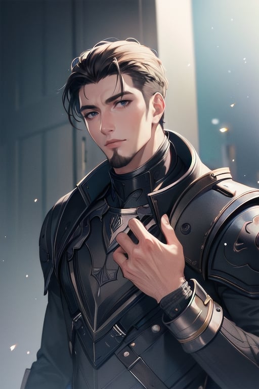 ((masterpiece)),  ((best quality)),  (ultra-detailed),  absurdres,  extremely detailed CG unity 8k wallpaper,  Official Art, [expressive eyes,  beautiful face:0.5],  detailed hands,    upper body,  close up,  solo,  scenery,  illustration,  dramatic lighting,  standing,  arm at side,  seductive smile,  parted lips,  1boy, mature male, facial hair,  ((masterpiece)),  , absurdres,  HDR, <lora:GoodHands-vanilla:1>