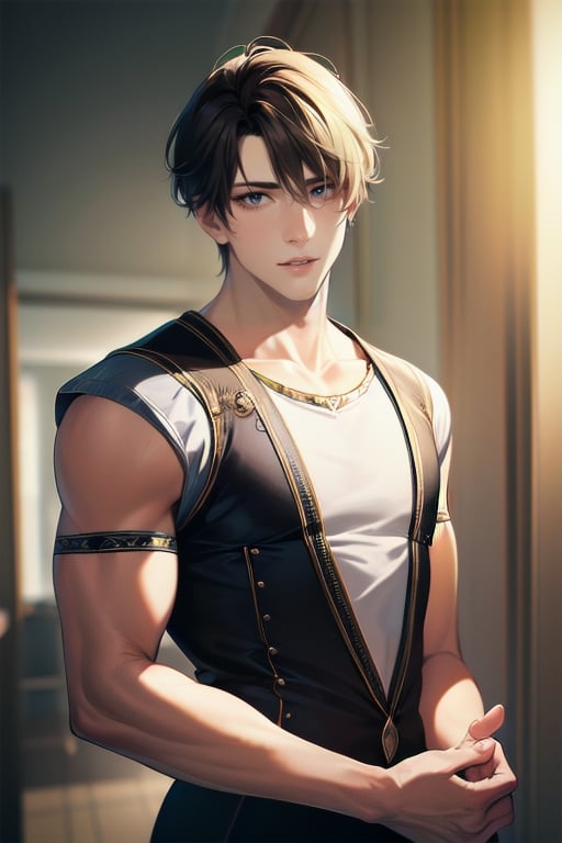 ((masterpiece)),  ((best quality)),  (ultra-detailed),  absurdres,  extremely detailed CG unity 8k wallpaper,  Official Art, [expressive eyes,  beautiful face:0.5],  detailed hands,    upper body,  close up,  solo,  scenery,  illustration,  dramatic lighting,  standing,  arm at side,  seductive smile,  parted lips,  1boy, bishounen,  ((masterpiece)),  , absurdres,  HDR, <lora:GoodHands-vanilla:1>