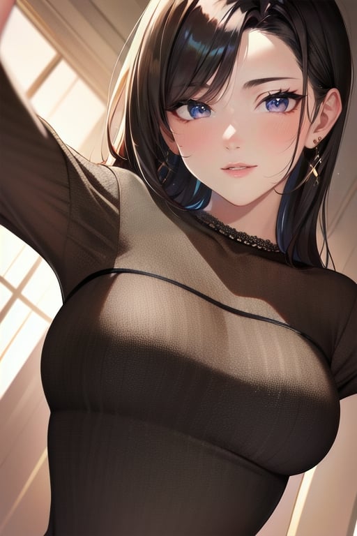 ((masterpiece)),  ((best quality)),  (ultra-detailed),  absurdres,  extremely detailed CG unity 8k wallpaper,  Official Art, [expressive eyes,  beautiful face:0.5],  detailed hands,    upper body,  close up,  solo,  scenery,  illustration,  dramatic lighting,  standing,  arm at side,  seductive smile,  parted lips,  1girl, lady,  ((masterpiece)),  , absurdres,  HDR, <lora:GoodHands-vanilla:1>