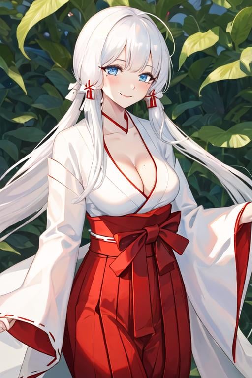 best quality, masterpiece, highres, solo, {white kimono:1.35}, {red hakama:1.35}, {wide sleeves:1.20}, {illustrious_azurlane:1.15}, long_hair, white_hair, blue_eyes, breasts, large_breasts, bangs, hair_ornament, cleavage, mole, smile, mole_under_eye, blush, ribbon, hair_ribbon