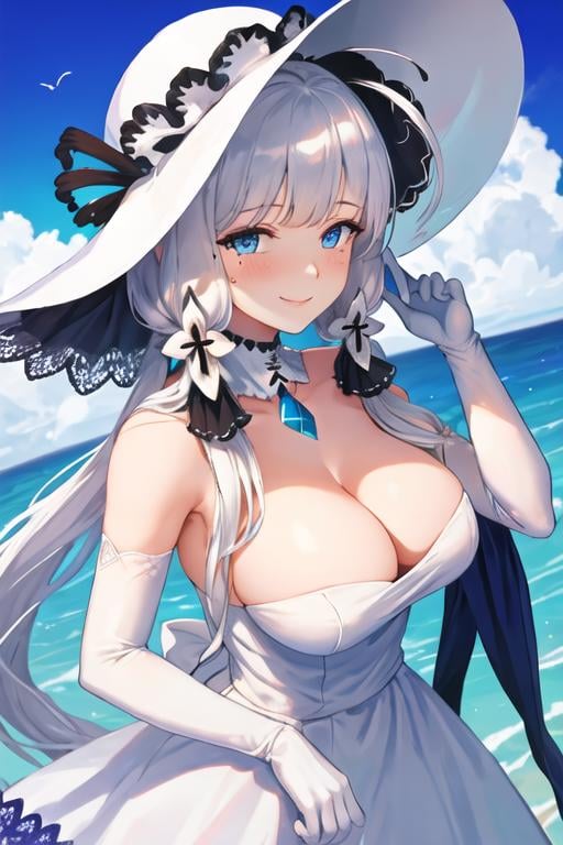 best quality, masterpiece, highres, solo, {illustrious_azurlane:1.15}, long_hair, white_hair, blue_eyes, breasts, large_breasts, bangs, hair_ornament, cleavage, mole, smile, mole_under_eye, blush, ribbon, hair_ribbon, 1girl, bare_shoulders, detached_collar, dress, elbow_gloves, gloves, hat, looking_at_viewer, strapless, strapless_dress, sun_hat, white_dress, white_gloves, white_headwear, blue_gemstone, gem, tri_tails, sky, blue_sky, lace_trim, upper_body