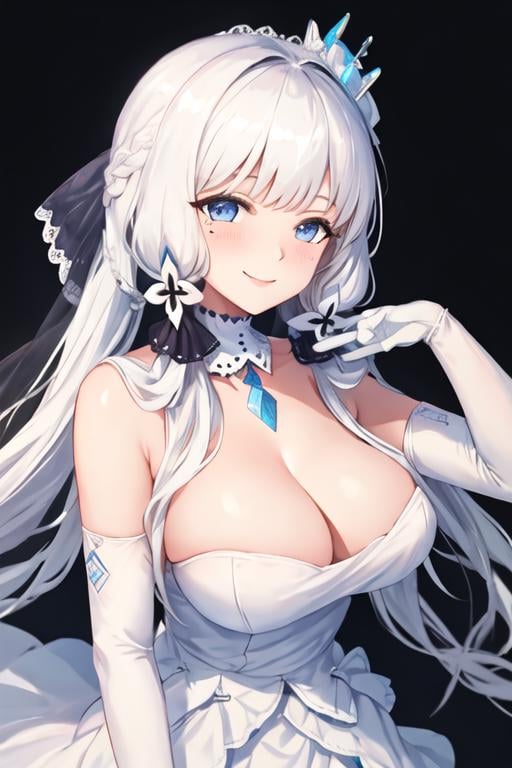 best quality, masterpiece, highres, solo, {illustrious_azurlane:1.15}, long_hair, white_hair, blue_eyes, breasts, large_breasts, bangs, hair_ornament, cleavage, mole, smile, mole_under_eye, blush, ribbon, hair_ribbon, 1girl, detached_collar, dress, idol, looking_at_viewer, official_alternate_costume, upper_body, bare_shoulders, gloves, white_collar, white_gloves, elbow_gloves, headset, white_dress