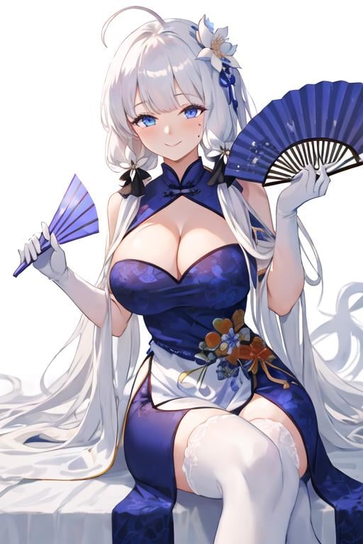 best quality, masterpiece, highres, solo, {illustrious_azurlane:1.15}, long_hair, white_hair, blue_eyes, breasts, large_breasts, bangs, hair_ornament, cleavage, mole, smile, mole_under_eye, blush, ribbon, hair_ribbon, 1girl, china_dress, chinese_clothes, dress, looking_at_viewer, white_dress, folding_fan, hand_fan, holding_fan, folded_fan, flower, holding, ahoge, simple_background, tri_tails, white_background, hair_flower