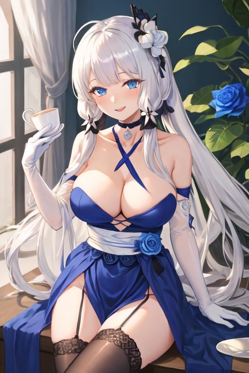 best quality, masterpiece, highres, solo, {illustrious_azurlane:1.15}, long_hair, white_hair, blue_eyes, breasts, large_breasts, bangs, hair_ornament, cleavage, mole, smile, mole_under_eye, blush, ribbon, hair_ribbon, 1girl, bare_shoulders, choker, dress, flower, hair_flower, halterneck, looking_at_viewer, blue_dress, rose, blue_choker, collarbone, gloves, blue_flower, open_mouth, criss-cross_halter, cup, sidelocks, thighhighs, blue_rose, sitting