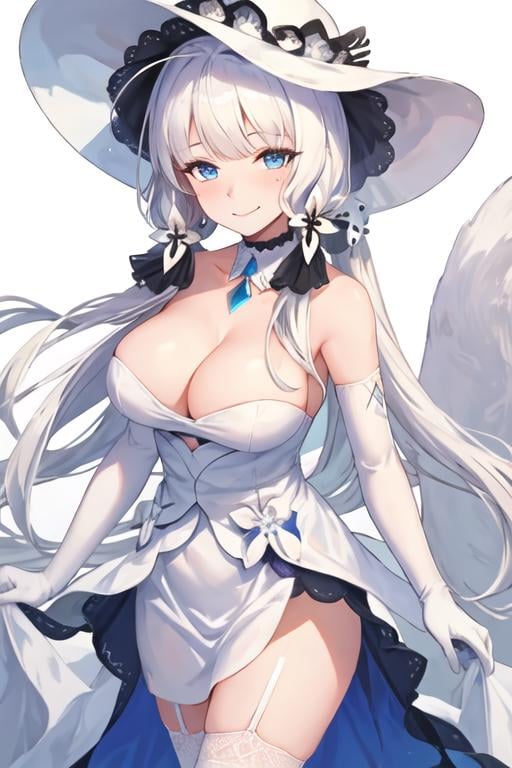 best quality, masterpiece, highres, solo, {illustrious_azurlane:1.15}, long_hair, white_hair, blue_eyes, breasts, large_breasts, bangs, hair_ornament, cleavage, mole, smile, mole_under_eye, blush, ribbon, hair_ribbon, 1girl, bare_shoulders, dress, hat, looking_at_viewer, sun_hat, white_dress, white_headwear, elbow_gloves, gloves, strapless, white_gloves, strapless_dress, closed_mouth, simple_background, white_background, detached_collar, gem, tri_tails, tress_ribbon, ahoge, blue_gemstone, collarbone