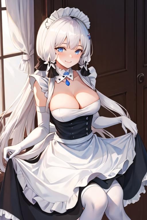 best quality, masterpiece, highres, solo, {maid:1.40}, {long maid dress:1.15}, {illustrious_azurlane:1.15}, long_hair, white_hair, blue_eyes, breasts, large_breasts, bangs, hair_ornament, cleavage, mole, smile, mole_under_eye, blush, ribbon, hair_ribbon