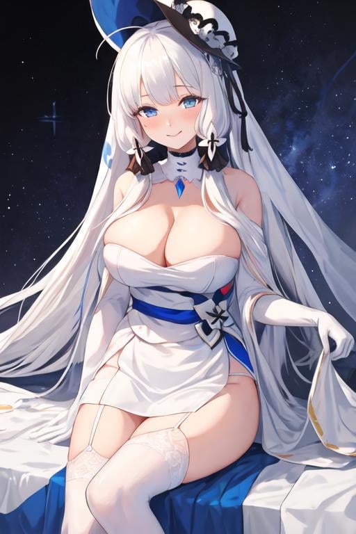 best quality, masterpiece, highres, solo, {illustrious_azurlane:1.15}, long_hair, white_hair, blue_eyes, breasts, large_breasts, bangs, hair_ornament, cleavage, mole, smile, mole_under_eye, blush, ribbon, hair_ribbon