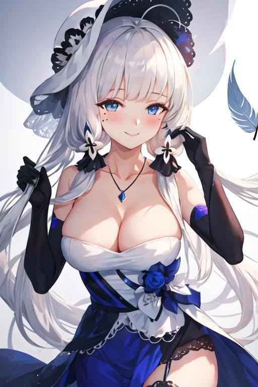 best quality, masterpiece, highres, solo, {illustrious_azurlane:1.15}, long_hair, white_hair, blue_eyes, breasts, large_breasts, bangs, hair_ornament, cleavage, mole, smile, mole_under_eye, blush, ribbon, hair_ribbon, 1girl, bare_shoulders, dress, looking_at_viewer, strapless, white_dress, braid, elbow_gloves, gloves, strapless_dress, white_gloves, jewelry, necklace, feathers, collarbone, feather_hair_ornament