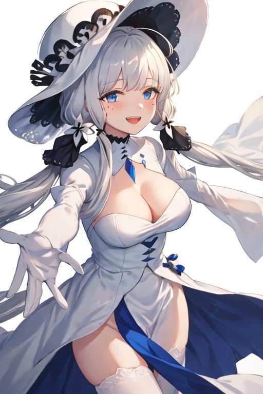 best quality, masterpiece, highres, solo, {illustrious_azurlane:1.15}, long_hair, white_hair, blue_eyes, breasts, large_breasts, bangs, hair_ornament, cleavage, mole, smile, mole_under_eye, blush, ribbon, hair_ribbon, 1girl, aged_down, ahoge, dress, grey_hair, hat, open_mouth, simple_background, white_background, white_dress, white_headwear, low_twintails, teeth, twintails, :d, heart, outstretched_arms, closed_eyes, long_sleeves, looking_at_viewer, see-through, see-through_sleeves, upper_teeth_only