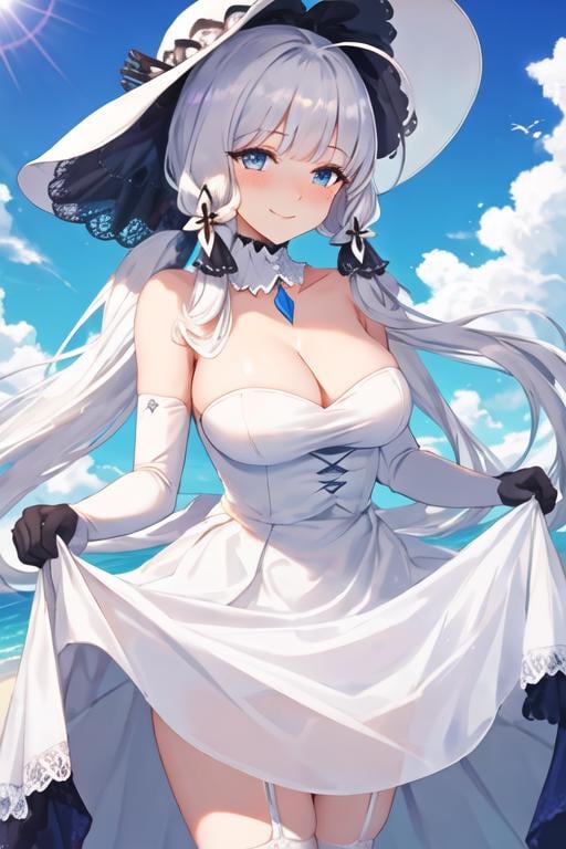 best quality, masterpiece, highres, solo, {illustrious_azurlane:1.15}, long_hair, white_hair, blue_eyes, breasts, large_breasts, bangs, hair_ornament, cleavage, mole, smile, mole_under_eye, blush, ribbon, hair_ribbon, 1girl, bare_shoulders, blue_sky, closed_mouth, cloud, day, dress, elbow_gloves, gloves, hat, looking_at_viewer, outdoors, sky, strapless, sun_hat, tress_ribbon, white_dress, white_gloves, white_headwear, strapless_dress, lace_trim, detached_collar, skirt_hold, tri_tails