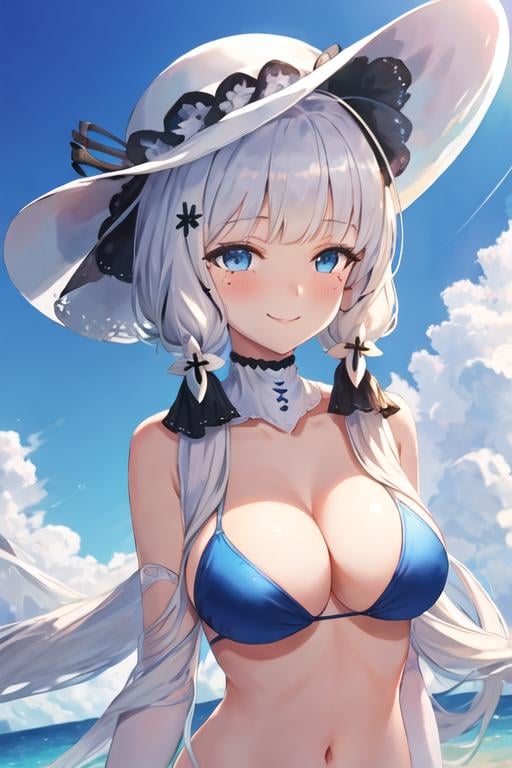 best quality, masterpiece, highres, solo, {illustrious_azurlane:1.15}, long_hair, white_hair, blue_eyes, breasts, large_breasts, bangs, hair_ornament, cleavage, mole, smile, mole_under_eye, blush, ribbon, hair_ribbon, 1girl, bikini, cloud, day, hat, looking_at_viewer, sky, sun_hat, swimsuit, white_headwear, blue_sky, tri_tails, outdoors, ahoge, upper_body