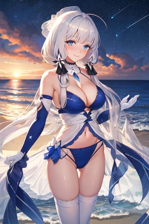 best quality, masterpiece, highres, solo, {night:1.10}, {starry sky:1.10}, beach, beautiful detailed sky, {extremely detailed background:1.20}, {illustrious_azurlane:1.15}, {standing:1.10}, looking at viewer, {bikini:1.30}, long_hair, white_hair, blue_eyes, breasts, large_breasts, bangs, hair_ornament, cleavage, mole, smile, mole_under_eye, blush, ribbon, hair_ribbon, light smile