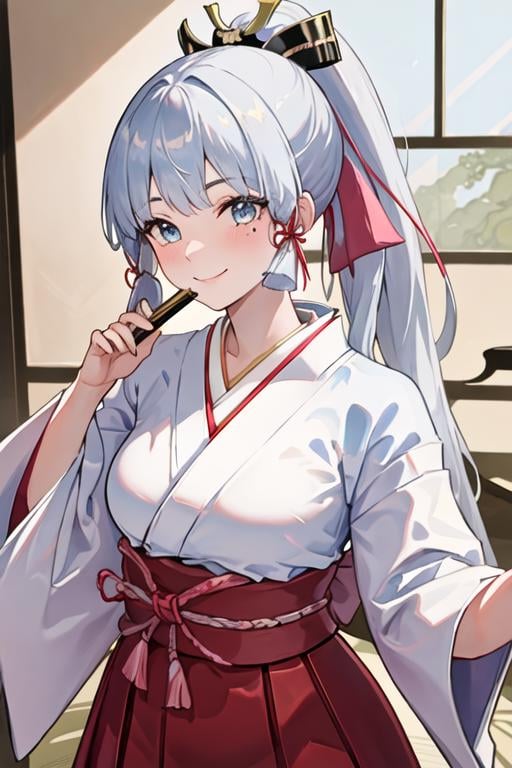 best quality, masterpiece, highres, solo, {white kimono:1.35}, {red hakama:1.35}, {wide sleeves:1.20}, {kamisato_ayaka_genshin:1.15}, bangs, blue_eyes, long_hair, blunt_bangs, ribbon, hair_ribbon, ponytail, sidelocks, blue_hair, mole, mole_under_eye, blush, hair_ornament, breasts, smile, white_hair