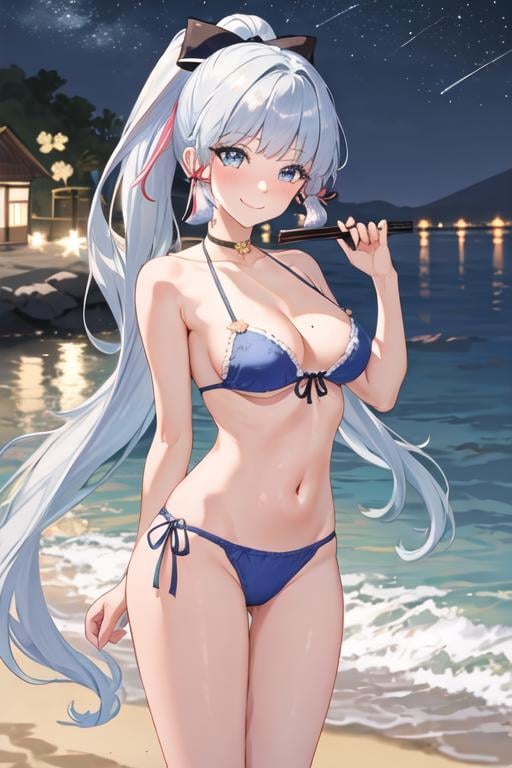 best quality, masterpiece, highres, solo, {night:1.10}, {starry sky:1.10}, beach, beautiful detailed sky, {extremely detailed background:1.20}, {kamisato_ayaka_genshin:1.15}, {standing:1.10}, looking at viewer, {bikini:1.30}, bangs, blue_eyes, long_hair, blunt_bangs, ribbon, hair_ribbon, ponytail, sidelocks, blue_hair, mole, mole_under_eye, blush, hair_ornament, breasts, smile, white_hair, light smile