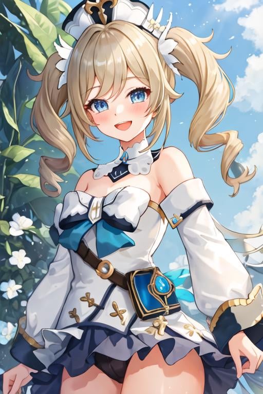 best quality, masterpiece, highres, solo, {barbara_genshin:1.15}, blonde_hair, blue_eyes, twintails, bangs, long_hair, drill_hair, twin_drills, hat, blush, smile, open_mouth, breasts, white_headwear, hair_ornament