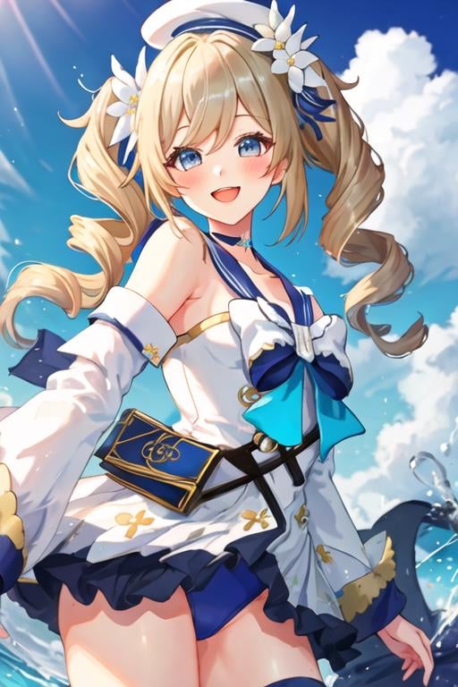 best quality, masterpiece, highres, solo, {barbara_genshin:1.15}, blonde_hair, blue_eyes, twintails, bangs, long_hair, drill_hair, twin_drills, hat, blush, smile, open_mouth, breasts, white_headwear, hair_ornament, 1girl, blue_sky, flower, looking_at_viewer, official_alternate_costume, sky, choker, swimsuit, bow, detached_sleeves, cloud, long_sleeves, sailor_hat, sidelocks, cloudy_sky, hair_between_eyes, hair_flower, sailor_collar, :d