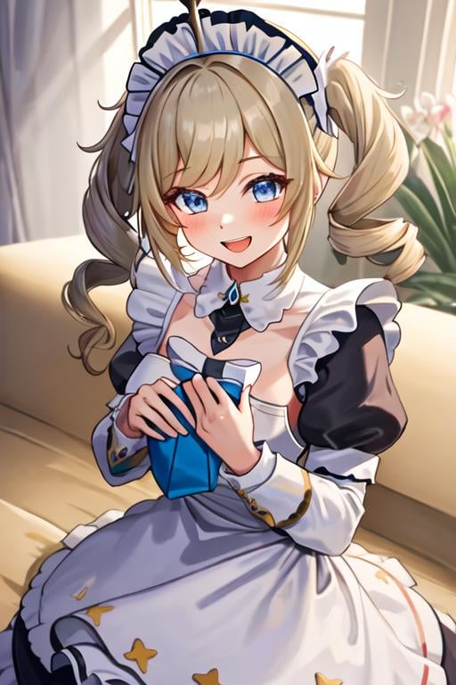 best quality, masterpiece, highres, solo, {maid:1.40}, {long maid dress:1.15}, {barbara_genshin:1.15}, blonde_hair, blue_eyes, twintails, bangs, long_hair, drill_hair, twin_drills, hat, blush, smile, open_mouth, breasts, white_headwear, hair_ornament