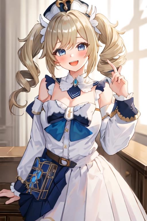 best quality, masterpiece, highres, solo, {barbara_genshin:1.15}, blonde_hair, blue_eyes, twintails, bangs, long_hair, drill_hair, twin_drills, hat, blush, smile, open_mouth, breasts, white_headwear, hair_ornament, 1girl, alternate_costume, long_sleeves, looking_at_viewer, hair_between_eyes, jacket, blurry, blurry_background, casual, shirt, :d, blue_bow, blue_bowtie, bow, bowtie, collared_shirt, skirt, upper_body, white_shirt