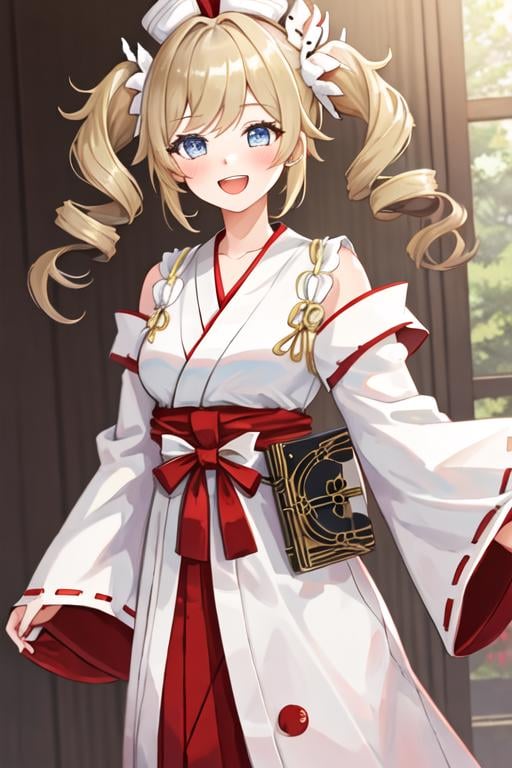 best quality, masterpiece, highres, solo, {white kimono:1.35}, {red hakama:1.35}, {wide sleeves:1.20}, {barbara_genshin:1.15}, blonde_hair, blue_eyes, twintails, bangs, long_hair, drill_hair, twin_drills, hat, blush, smile, open_mouth, breasts, white_headwear, hair_ornament