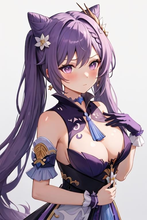 best quality, masterpiece, highres, solo, {keqing_genshin:1.15}, long_hair, purple_hair, purple_eyes, hair_bun, cone_hair_bun, twintails, bangs, double_bun, breasts, hair_ornament, blush, braid, medium_breasts, closed_mouth