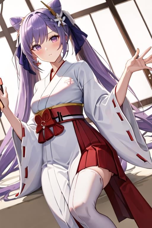 best quality, masterpiece, highres, solo, {white kimono:1.35}, {red hakama:1.35}, {wide sleeves:1.20}, {keqing_genshin:1.15}, long_hair, purple_hair, purple_eyes, hair_bun, cone_hair_bun, twintails, bangs, double_bun, breasts, hair_ornament, blush, braid, medium_breasts, closed_mouth