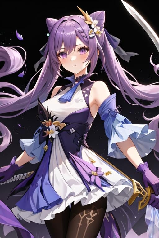 best quality, masterpiece, highres, solo, {keqing_genshin:1.15}, long_hair, purple_hair, purple_eyes, hair_bun, cone_hair_bun, twintails, bangs, double_bun, breasts, hair_ornament, blush, braid, medium_breasts, closed_mouth, 1girl, black_gloves, detached_sleeves, dress, gloves, holding, holding_sword, holding_weapon, looking_at_viewer, sword, weapon, bare_shoulders, flower, frills, purple_dress, black_pantyhose, choker, hair_between_eyes, pantyhose, purple_background