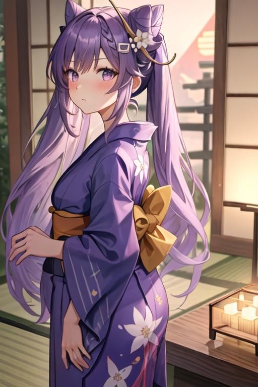 best quality, masterpiece, highres, solo, {yukata:1.40}, {kimono:1.20}, {keqing_genshin:1.15}, long_hair, purple_hair, purple_eyes, hair_bun, cone_hair_bun, twintails, bangs, double_bun, breasts, hair_ornament, blush, braid, medium_breasts, closed_mouth