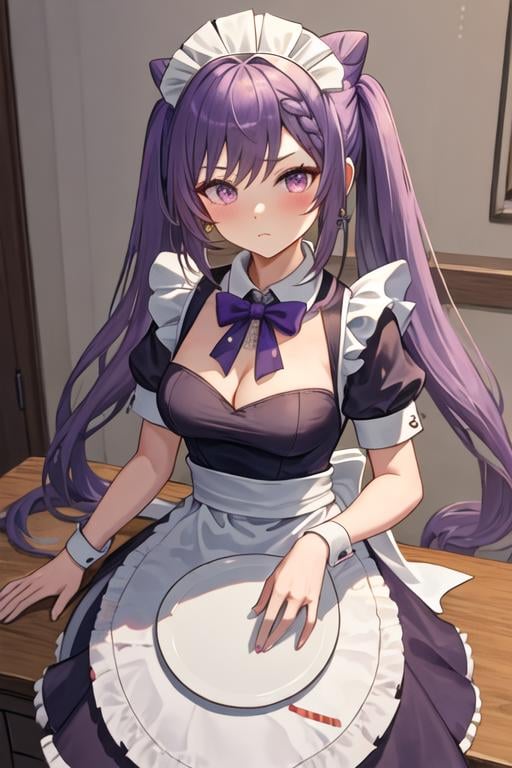 best quality, masterpiece, highres, solo, {maid:1.40}, {long maid dress:1.15}, {keqing_genshin:1.15}, long_hair, purple_hair, purple_eyes, hair_bun, cone_hair_bun, twintails, bangs, double_bun, breasts, hair_ornament, blush, braid, medium_breasts, closed_mouth