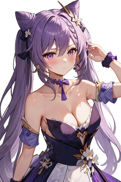 best quality, masterpiece, highres, solo, {keqing_genshin:1.15}, long_hair, purple_hair, purple_eyes, hair_bun, cone_hair_bun, twintails, bangs, double_bun, breasts, hair_ornament, blush, braid, medium_breasts, closed_mouth, 1girl, bare_shoulders, cleavage, looking_at_viewer, simple_background, upper_body, white_background, hair_between_eyes, large_breasts, collarbone