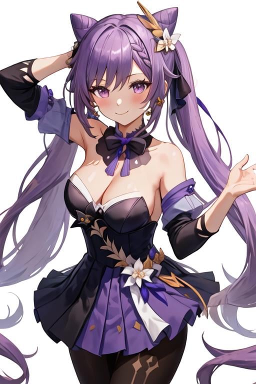 best quality, masterpiece, highres, solo, {keqing_genshin:1.15}, long_hair, purple_hair, purple_eyes, hair_bun, cone_hair_bun, twintails, bangs, double_bun, breasts, hair_ornament, blush, braid, medium_breasts, closed_mouth, 1girl, bare_shoulders, black_dress, cleavage, dress, looking_at_viewer, official_alternate_costume, ribbon, strapless, strapless_dress, bow, simple_background, white_background, hair_ribbon, pantyhose, black_pantyhose, large_breasts, smile