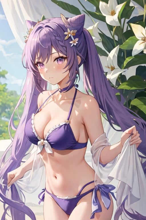 best quality, masterpiece, highres, solo, {keqing_genshin:1.15}, long_hair, purple_hair, purple_eyes, hair_bun, cone_hair_bun, twintails, bangs, double_bun, breasts, hair_ornament, blush, braid, medium_breasts, closed_mouth, 1girl, bare_shoulders, cleavage, collarbone, flower, hair_flower, looking_at_viewer, bikini, dress, simple_background, swimsuit, upper_body, white_background, white_flower