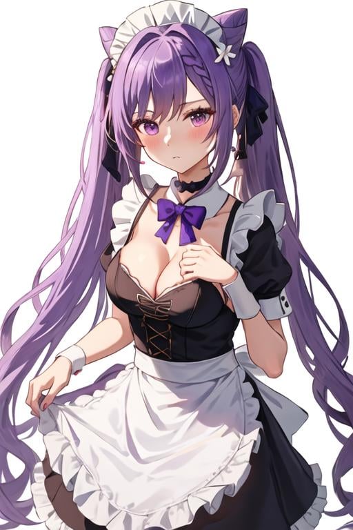 best quality, masterpiece, highres, solo, {keqing_genshin:1.15}, long_hair, purple_hair, purple_eyes, hair_bun, cone_hair_bun, twintails, bangs, double_bun, breasts, hair_ornament, blush, braid, medium_breasts, closed_mouth, 1girl, alternate_costume, apron, enmaided, looking_at_viewer, maid, maid_apron, maid_headdress, dress, frills, simple_background, white_background, black_dress, bow, cleavage, choker, large_breasts, short_sleeves