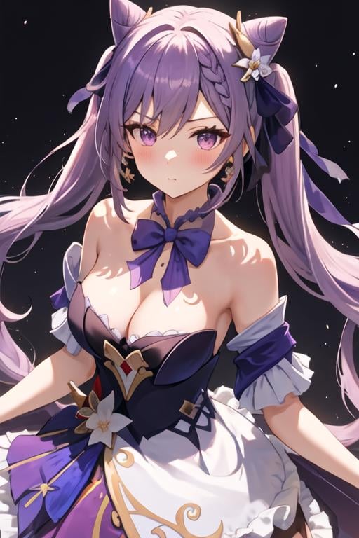 best quality, masterpiece, highres, solo, {keqing_genshin:1.15}, long_hair, purple_hair, purple_eyes, hair_bun, cone_hair_bun, twintails, bangs, double_bun, breasts, hair_ornament, blush, braid, medium_breasts, closed_mouth, 1girl, bare_shoulders, dress, looking_at_viewer, official_alternate_costume, strapless, black_dress, bow, ribbon, strapless_dress, upper_body, cleavage, hair_ribbon