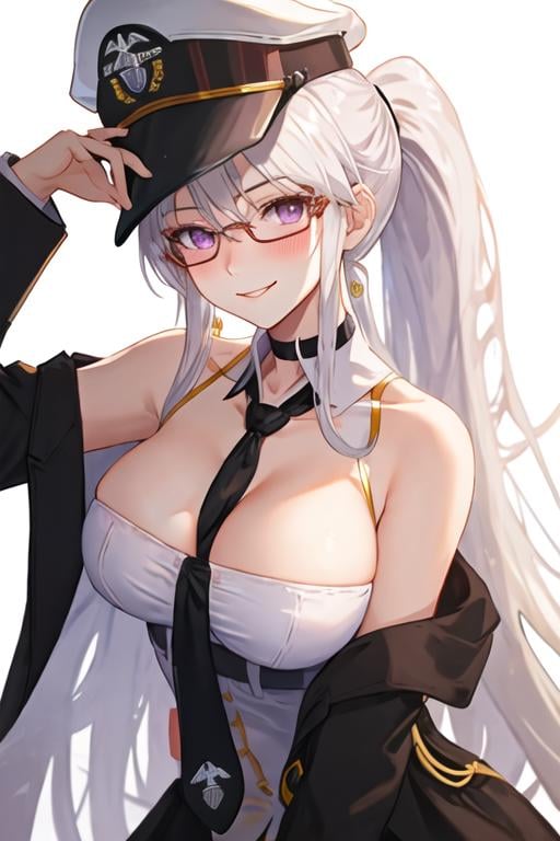 best quality, masterpiece, highres, solo, {enterprise_azurlane:1.15}, long_hair, purple_eyes, white_hair, breasts, hat, bangs, large_breasts, sleeveless, necktie, smile, peaked_cap, white_headwear, black_necktie, blush, very_long_hair, hair_between_eyes, 1girl, eyewear_on_head, looking_at_viewer, official_alternate_costume, ponytail, sunglasses, choker, simple_background, white_background, bare_shoulders, cleavage, eyewear_on_headwear, halterneck, collarbone, race_queen, tinted_eyewear, upper_body