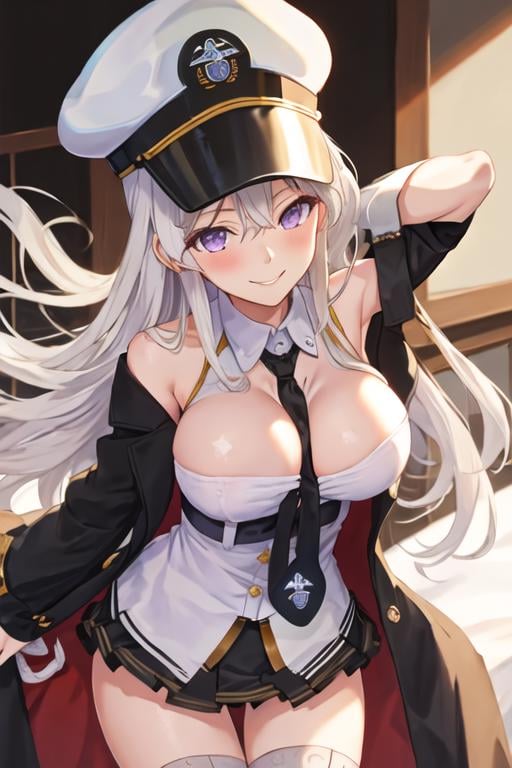 best quality, masterpiece, highres, solo, {enterprise_azurlane:1.15}, long_hair, purple_eyes, white_hair, breasts, hat, bangs, large_breasts, sleeveless, necktie, smile, peaked_cap, white_headwear, black_necktie, blush, very_long_hair, hair_between_eyes