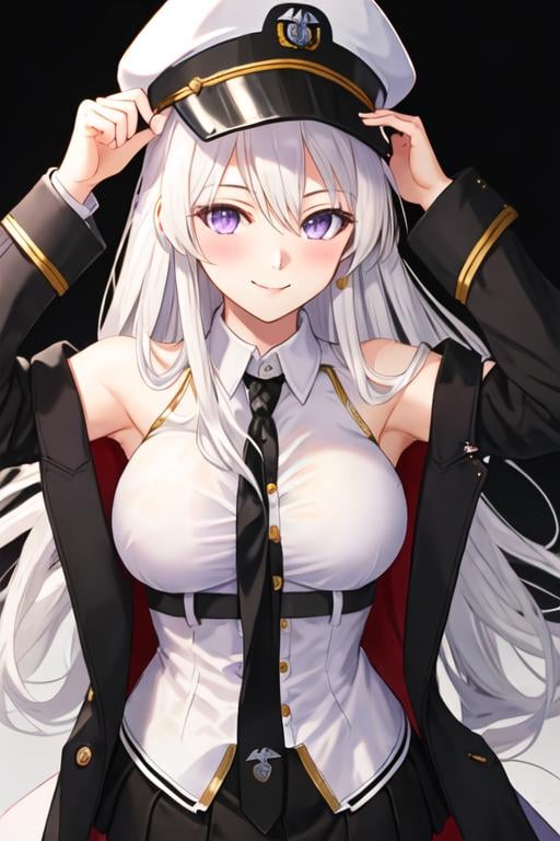 best quality, masterpiece, highres, solo, {enterprise_azurlane:1.15}, long_hair, purple_eyes, white_hair, breasts, hat, bangs, large_breasts, sleeveless, necktie, smile, peaked_cap, white_headwear, black_necktie, blush, very_long_hair, hair_between_eyes, 1girl, collared_shirt, looking_at_viewer, military_hat, shirt, sleeveless_shirt, upper_body, white_shirt, bare_shoulders, coat, black_coat