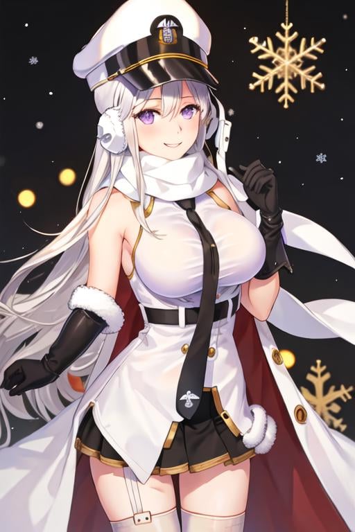 best quality, masterpiece, highres, solo, {enterprise_azurlane:1.15}, long_hair, purple_eyes, white_hair, breasts, hat, bangs, large_breasts, sleeveless, necktie, smile, peaked_cap, white_headwear, black_necktie, blush, very_long_hair, hair_between_eyes, 1girl, earmuffs, winter_clothes, looking_at_viewer, scarf, gloves, white_gloves, white_scarf, belt, coat, christmas