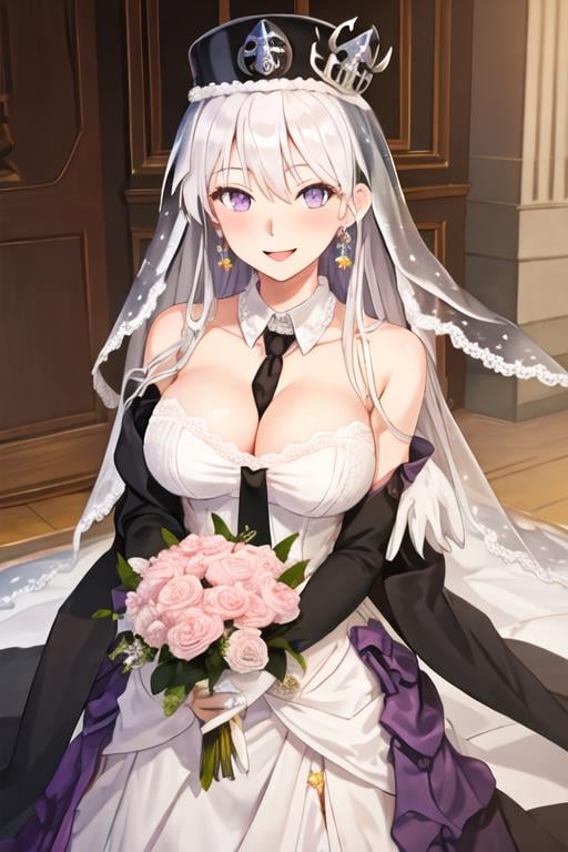 best quality, masterpiece, highres, solo, {enterprise_azurlane:1.15}, long_hair, purple_eyes, white_hair, breasts, hat, bangs, large_breasts, sleeveless, necktie, smile, peaked_cap, white_headwear, black_necktie, blush, very_long_hair, hair_between_eyes, 1girl, bridal_veil, dress, jewelry, looking_at_viewer, necklace, veil, wedding_dress, cleavage, crown, white_dress, open_mouth, bare_shoulders, earrings, mini_crown