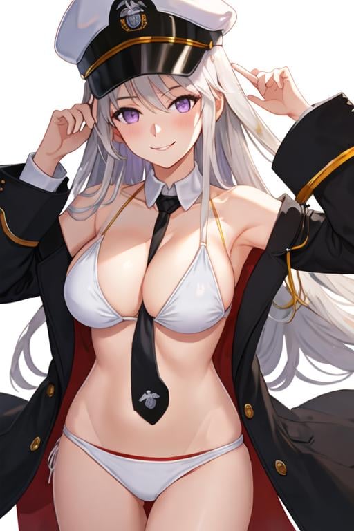 best quality, masterpiece, highres, solo, {enterprise_azurlane:1.15}, long_hair, purple_eyes, white_hair, breasts, hat, bangs, large_breasts, sleeveless, necktie, smile, peaked_cap, white_headwear, black_necktie, blush, very_long_hair, hair_between_eyes, 1girl, looking_at_viewer, white_background, simple_background, bikini, grey_hair, swimsuit, bare_shoulders, cleavage, collarbone, military_hat