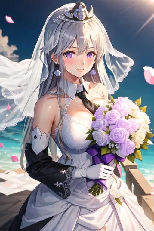 best quality, masterpiece, highres, solo, {enterprise_azurlane:1.15}, long_hair, purple_eyes, white_hair, breasts, hat, bangs, large_breasts, sleeveless, necktie, smile, peaked_cap, white_headwear, black_necktie, blush, very_long_hair, hair_between_eyes, 1girl, bare_shoulders, bouquet, bridal_veil, dress, flower, jewelry, looking_at_viewer, rose, veil, wedding_dress, white_dress, white_flower, white_rose, bride, cleavage, earrings, holding, necklace, crown, holding_bouquet, sky, tiara