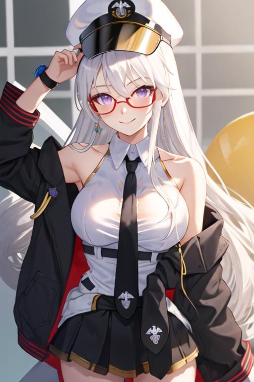 best quality, masterpiece, highres, solo, {enterprise_azurlane:1.15}, long_hair, purple_eyes, white_hair, breasts, hat, bangs, large_breasts, sleeveless, necktie, smile, peaked_cap, white_headwear, black_necktie, blush, very_long_hair, hair_between_eyes, 1girl, sunglasses, eyewear_on_head, baseball_cap, off_shoulder, looking_at_viewer, necklace, shirt, eyewear_on_headwear, jewelry, white_shirt, bare_shoulders, off-shoulder_shirt, clothes_around_waist, wristband, alternate_costume, black_headwear, collarbone, jacket_around_waist