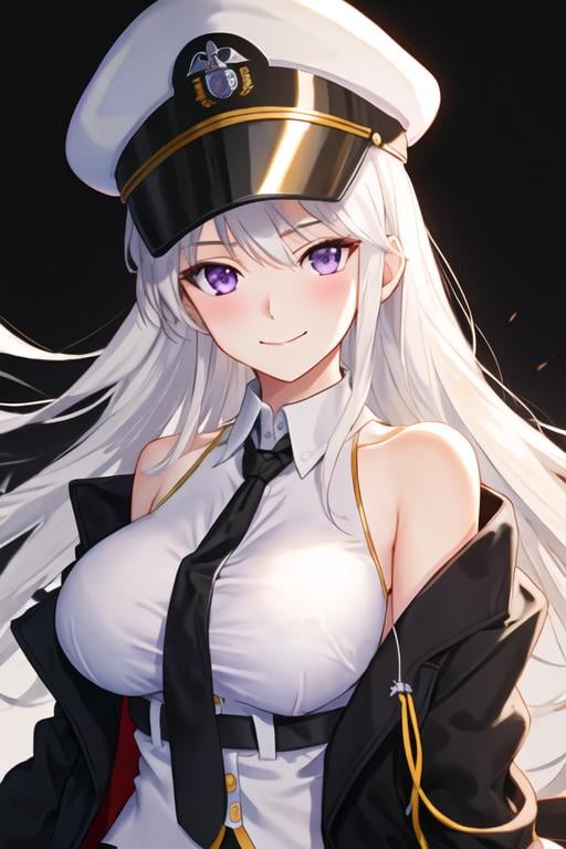 best quality, masterpiece, highres, solo, {enterprise_azurlane:1.15}, long_hair, purple_eyes, white_hair, breasts, hat, bangs, large_breasts, sleeveless, necktie, smile, peaked_cap, white_headwear, black_necktie, blush, very_long_hair, hair_between_eyes, 1girl, bare_shoulders, black_coat, coat, collared_shirt, open_clothes, shirt, sleeveless_shirt, white_shirt, closed_mouth, looking_at_viewer, simple_background, upper_body, off_shoulder, open_coat, military_hat, white_background