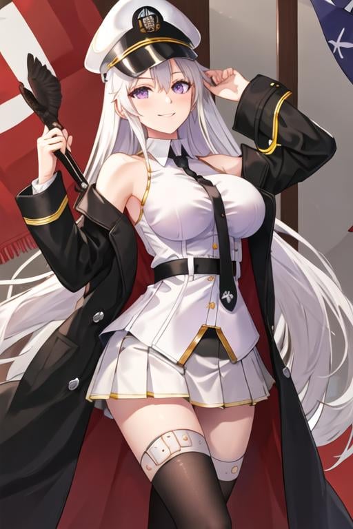 best quality, masterpiece, highres, solo, {enterprise_azurlane:1.15}, long_hair, purple_eyes, white_hair, breasts, hat, bangs, large_breasts, sleeveless, necktie, smile, peaked_cap, white_headwear, black_necktie, blush, very_long_hair, hair_between_eyes, 1girl, bare_shoulders, belt, black_belt, black_coat, coat, military_hat, miniskirt, open_clothes, open_coat, shirt, skirt, sleeveless_shirt, underbust, looking_at_viewer, white_shirt, collared_shirt, pleated_skirt, flight_deck