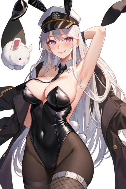 best quality, masterpiece, highres, solo, {enterprise_azurlane:1.15}, long_hair, purple_eyes, white_hair, breasts, hat, bangs, large_breasts, sleeveless, necktie, smile, peaked_cap, white_headwear, black_necktie, blush, very_long_hair, hair_between_eyes, 1girl, animal_ears, detached_collar, fake_animal_ears, looking_at_viewer, playboy_bunny, rabbit_ears, cleavage, fishnet_pantyhose, fishnets, leotard, pantyhose, strapless, wrist_cuffs, armpits, bare_shoulders, black_leotard, simple_background, strapless_leotard, white_background